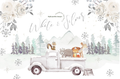 Winter White Floral Woodland Animals Clipart