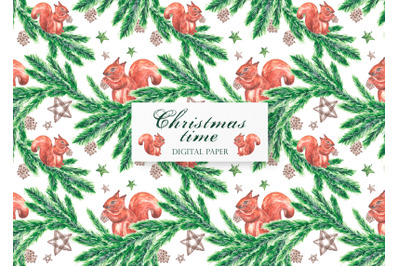 Christmas squirrel watercolor seamless pattern.  New year, winter.