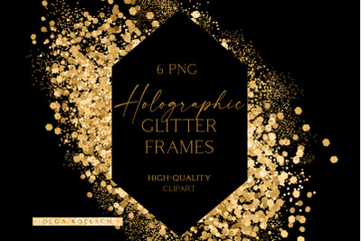Gold glitter holographic digital frames, golden falling glitter border