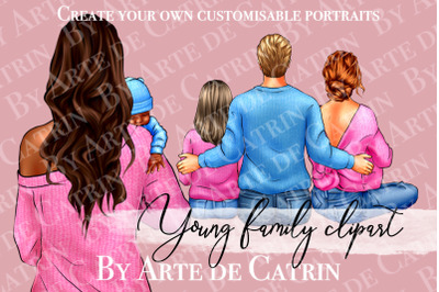 Young Family Clipart, Family Creator, Big Sitting Family, Customizable