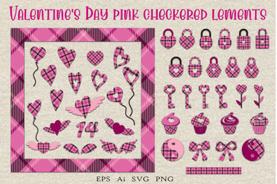 Bundle of pink checkered elements for Valentine&#039;s Day.