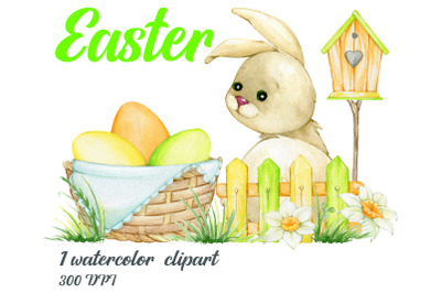 Watercolor clipart, Easter clip art, Printable poster, eggs bunny PNG,