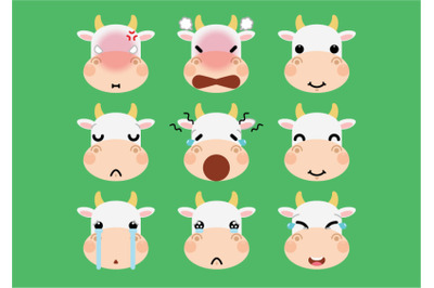 Set of cute cartoon cow emoji set 2