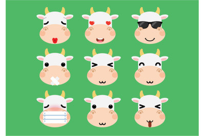 Set of cute cartoon cow emoji set 3