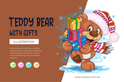 Cartoon Teddy Bear with Gifts. T-Shirt, PNG, SVG.