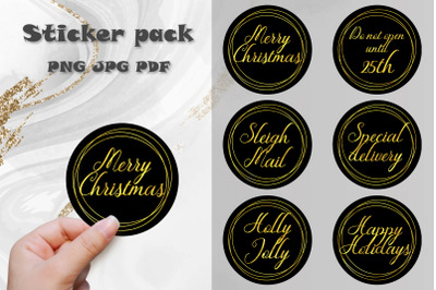 Christmas stickers packaging bundle. Round black and gold