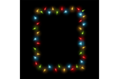 Frame garland. Christmas square border with color glowing light bulbs.