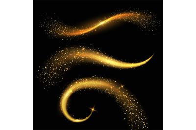 Light tails golden. Fairy magic stardust with yellow sparkles, christm