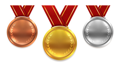 Medal set realistic. Red ribbons gold silver and bronze medals with la