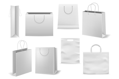 Shopping bag. Realistic white handbag mockup. Empty paper fashion squa