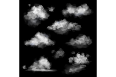 Realistic cloud. Fog white clouds collection&2C; fluffy sky fog isolated