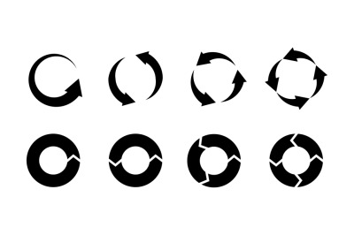 Recycling icons. Black silhouette environmental signs. Circle arrows i