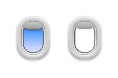 Airplane window open. Realistic aircraft windows. Empty and with blue