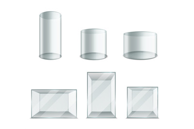 Box glass. Realistic plastic transparent cube and cylinder. 3D blank e