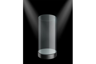 Cylinder showcase glass. Plastic empty case under spotlights. Clear re