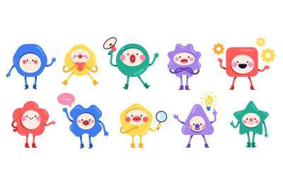 Geometric cute characters. Simple color geometric shapes with hands, f