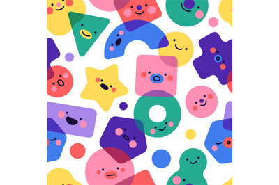 Seamless pattern geometric shapes with emotions. Funny color character