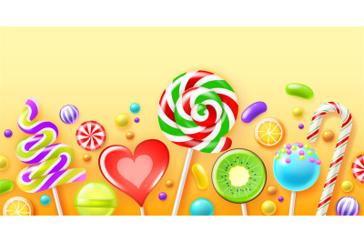 Realistic candies poster. Color sweets, bright lollipops, glossy fruit