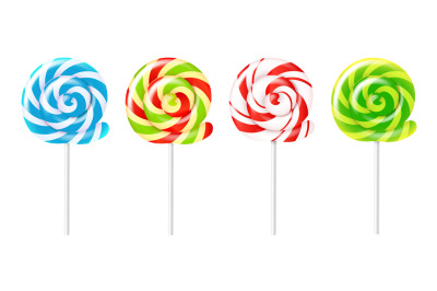 Spiral lollipops. Realistic different colors round candies, sucking sw