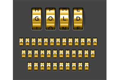 Gold locks combination. Realistic rotating secret unlock code font. Ba