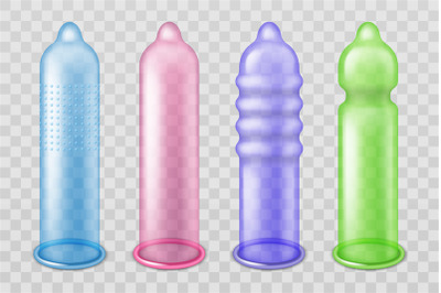 Different types condoms. Realistic items for prevention sexually trans