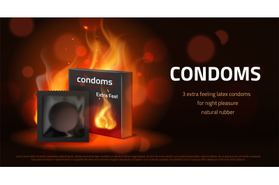 Realistic condom poster. Latex contraceptive intimate product, passion