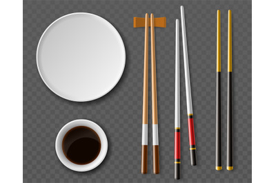 Chopsticks plates. Realistic table setting top view, Traditional japan