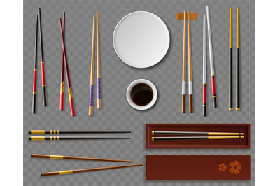 Sushi chopsticks and soy sauce. Realistic dishes and wooden cutlery, t