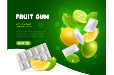 Fruit chewing gum. Lime and lemon taste bubblegum, vortex of flying ci