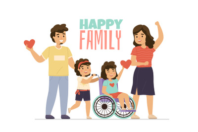 Disabled kid family. Happy parents with children. Couple and girl in w