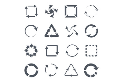 Refresh icons. Black looped arrows, download process signs, restart, u