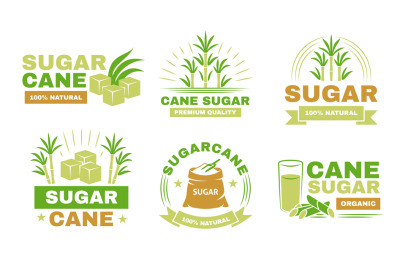 Sugarcane labels. Sugar manufacturing emblems, asian agriculture, orga