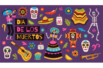 Day of dead elements. Holiday mexican decor, traditional ornaments, su