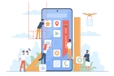 Mobile application build. UI designers and programmers group create ne