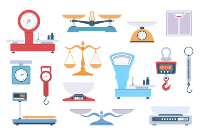 Scales types. Different scales variants, weighing balance, cartoon fla