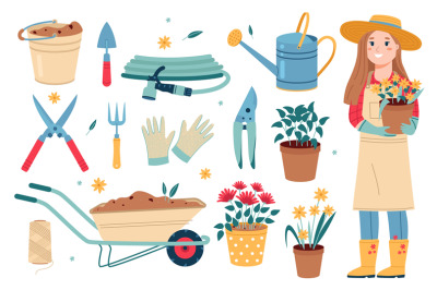 Gardening tools. Happy female gardener in work clothes holds flowers p