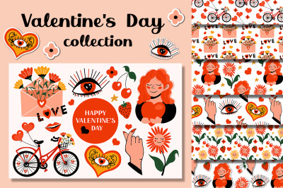 Valentine&#039;s day stickers and pattern