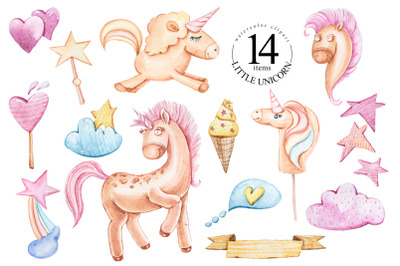 Watercolor Valentines day Unicorns Clipart - 14 png files