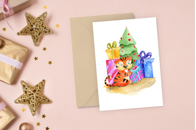 Christmas card template with cute Tiger illustration