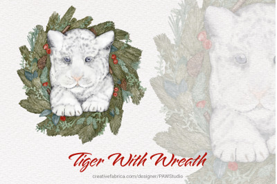 Tiger 2022 Christmas Wreath Watercolour Clipart Winter Holiday Card