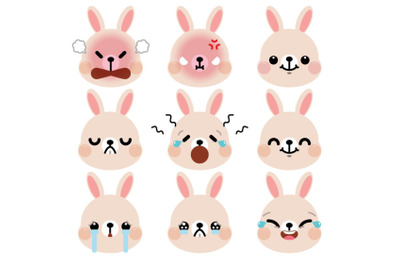Set of cute cartoon rabbit emoji set 2