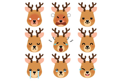 Set of cute cartoon reindeer emoji set 1