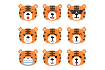 Set of cute cartoon tiger emoji set 2