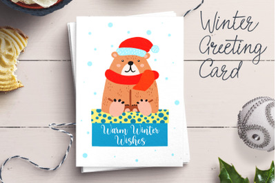 Greeting Card template. Bear. Warm winter wishes quote.