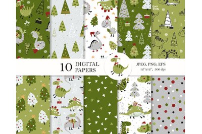 Christmas dinosaur digital paper pack