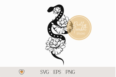 Floral snake svg, Snake with peony flowers svg, png