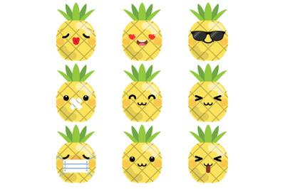 Set of cute cartoon pineapple emoji set 1