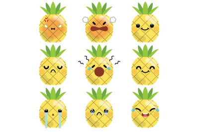 Set of cute cartoon pineapple emoji set 2
