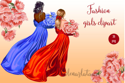 Fashion girls clipart, Women Holding Pink Flower Bouquet