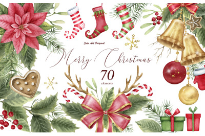 Christmas Clipart,Christmas bells,socks,poinsettia,ornaments